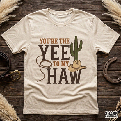 Retro yee to my haw western romance PNG design featuring cowboy hat and cactus for funny country couple tees
