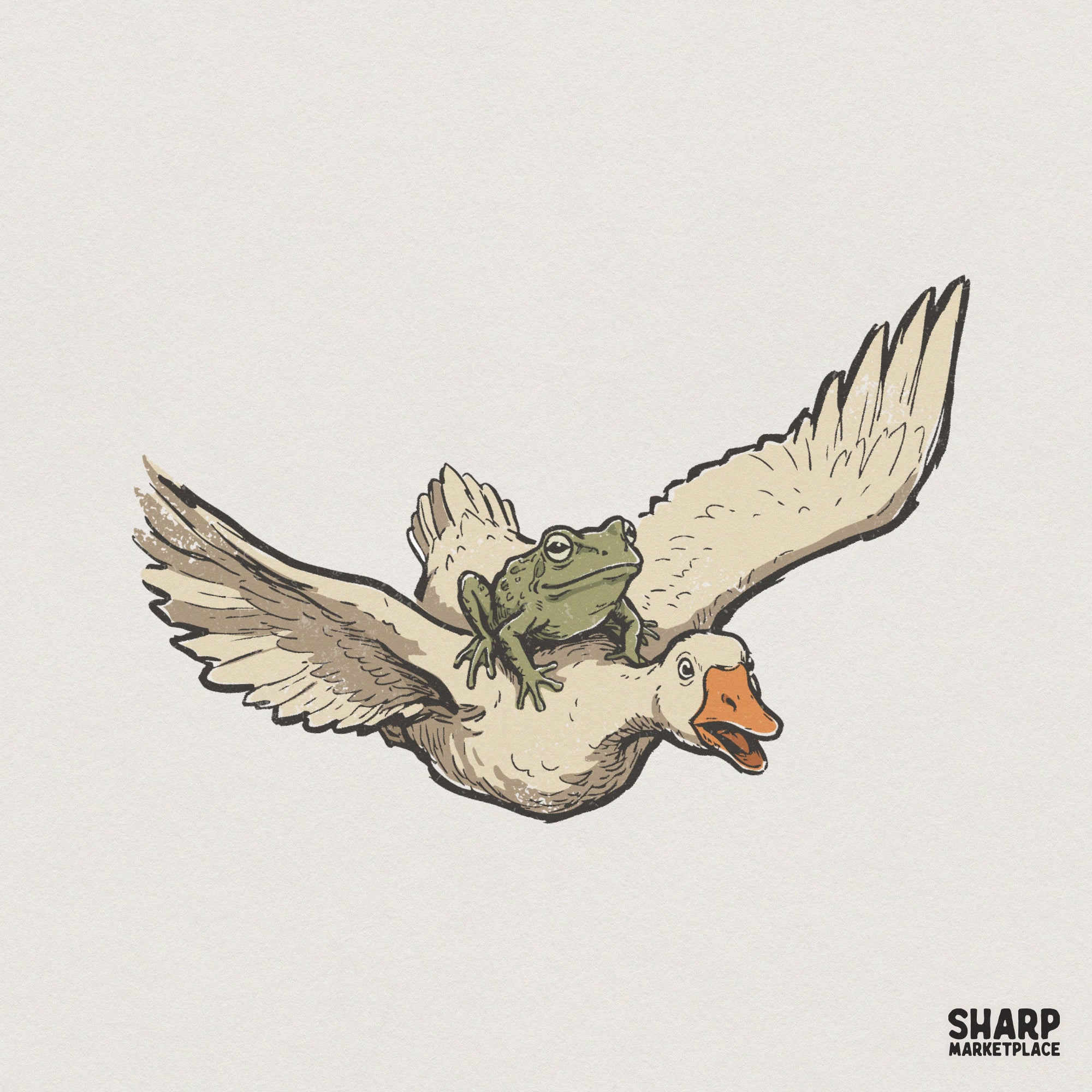 Frog Riding Duck PNG, Funny Animal Artwork, Quirky