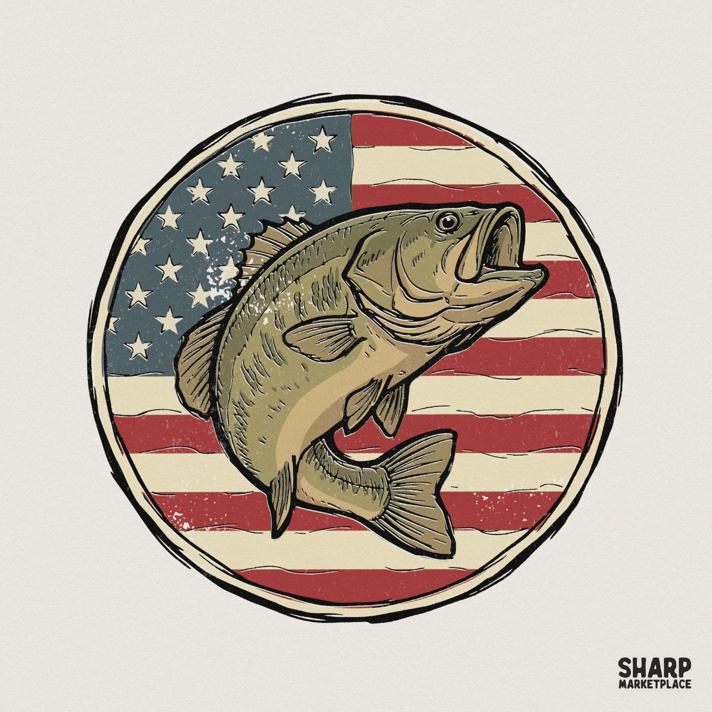 Detailed largemouth bass leaping through a circular frame with a vintage American flag background, perfect for patriotic fishing apparel designs.