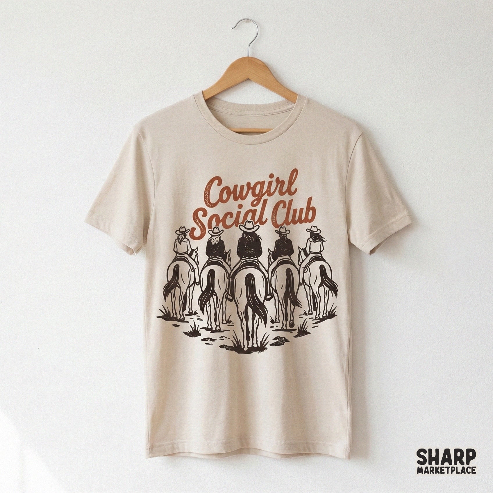 Detailed hand-drawn western illustration of a group of cowgirls on horses, ideal for high-quality print-on-demand shirts and country-style decor.