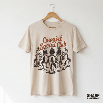 Detailed hand-drawn western illustration of a group of cowgirls on horses, ideal for high-quality print-on-demand shirts and country-style decor.