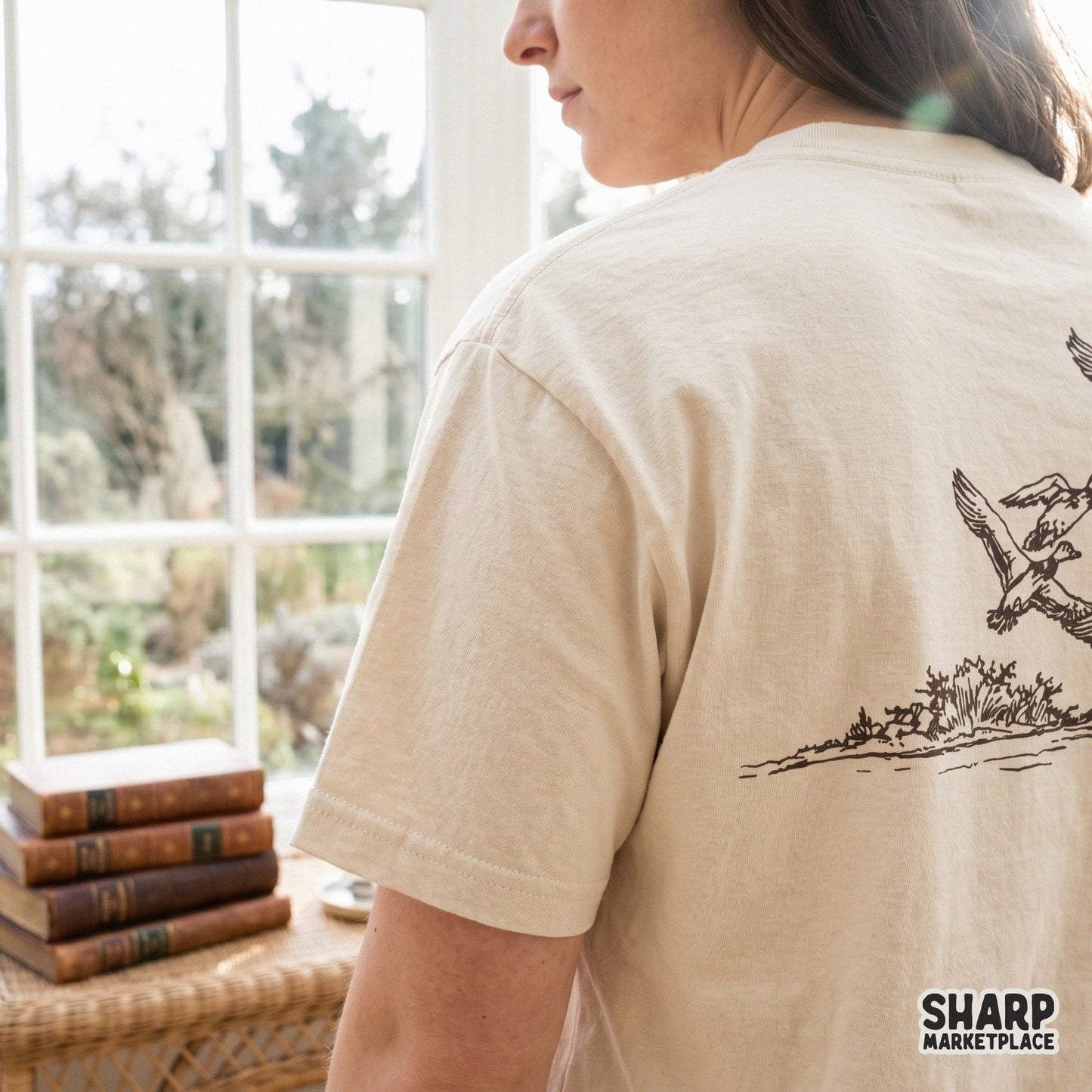 Classic nature-inspired graphic of flying ducks over a marsh, suitable for printing on tumblers, wall art, or apparel for hunting and wildlife enthusiasts.
