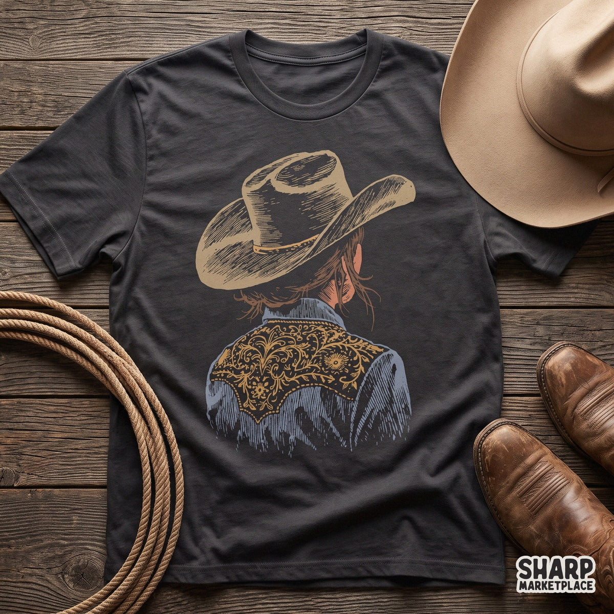 Back view of a cowgirl wearing a floral embroidered shirt and hat for trendy western apparel design