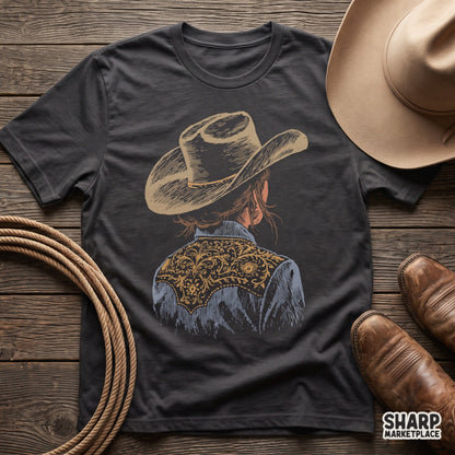 Back view of a cowgirl wearing a floral embroidered shirt and hat for trendy western apparel design