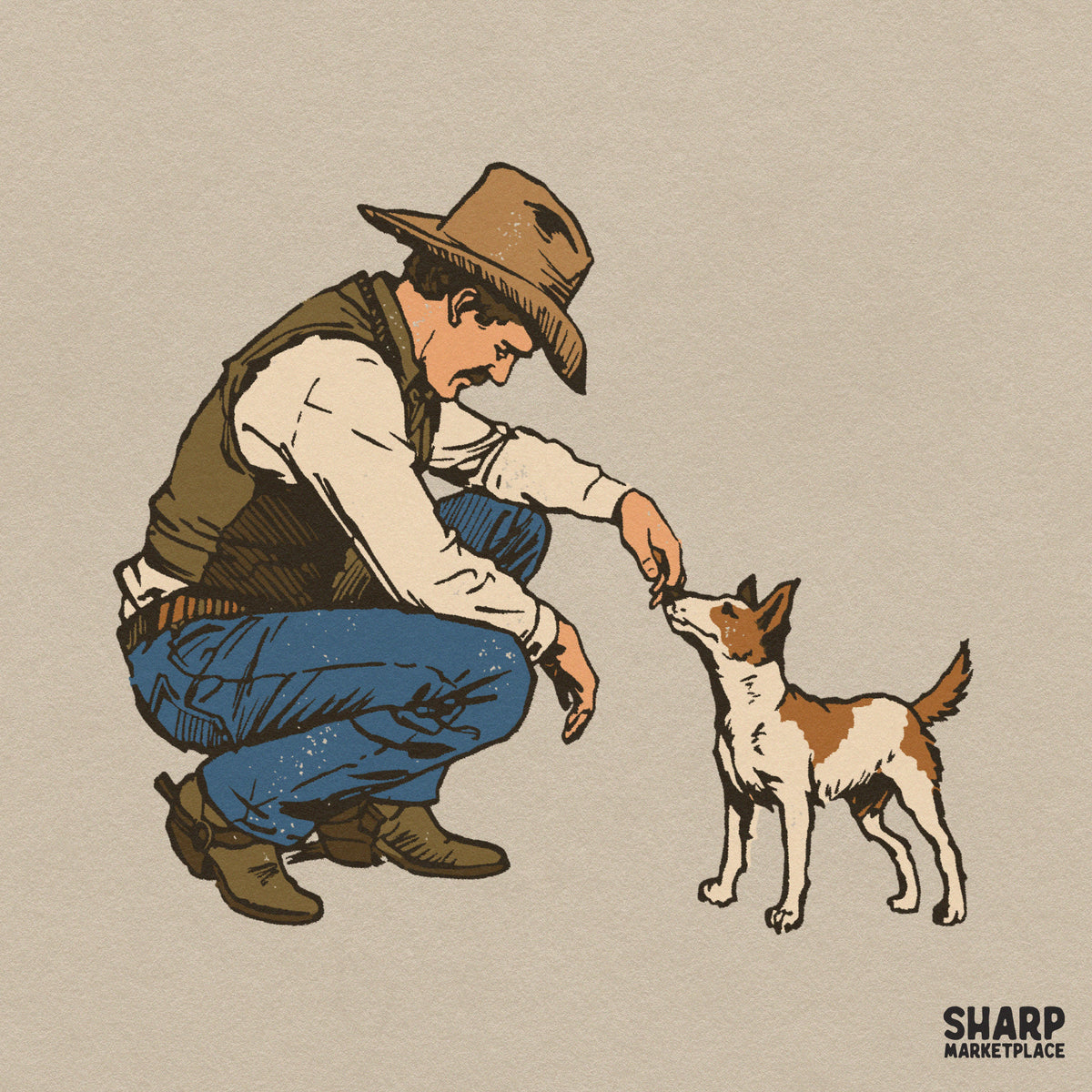 Vintage western cowboy crouching to pet his hound dog retro PNG graphic for country apparel and t-shirt sublimation