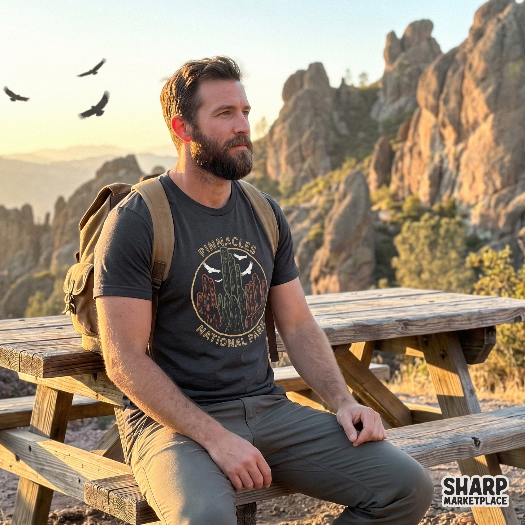 Vintage eagle illustration retro graphic design for Pinnacles National Park camping and summer sublimation shirts