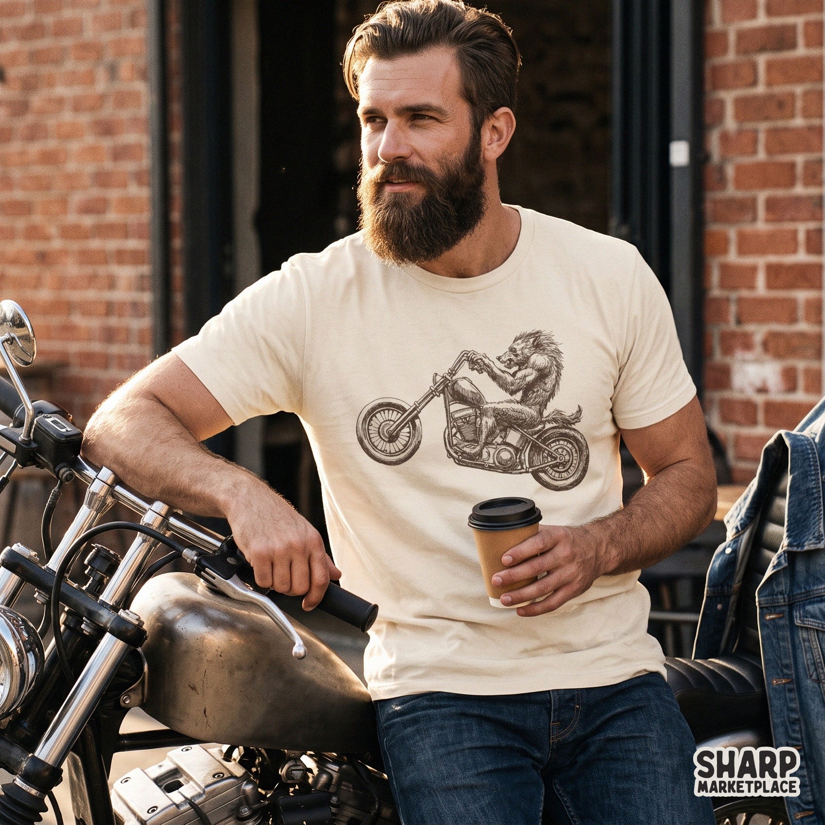 Vintage werewolf riding motorcycle hand drawn graphic tee design for halloween spooky season png sublimation