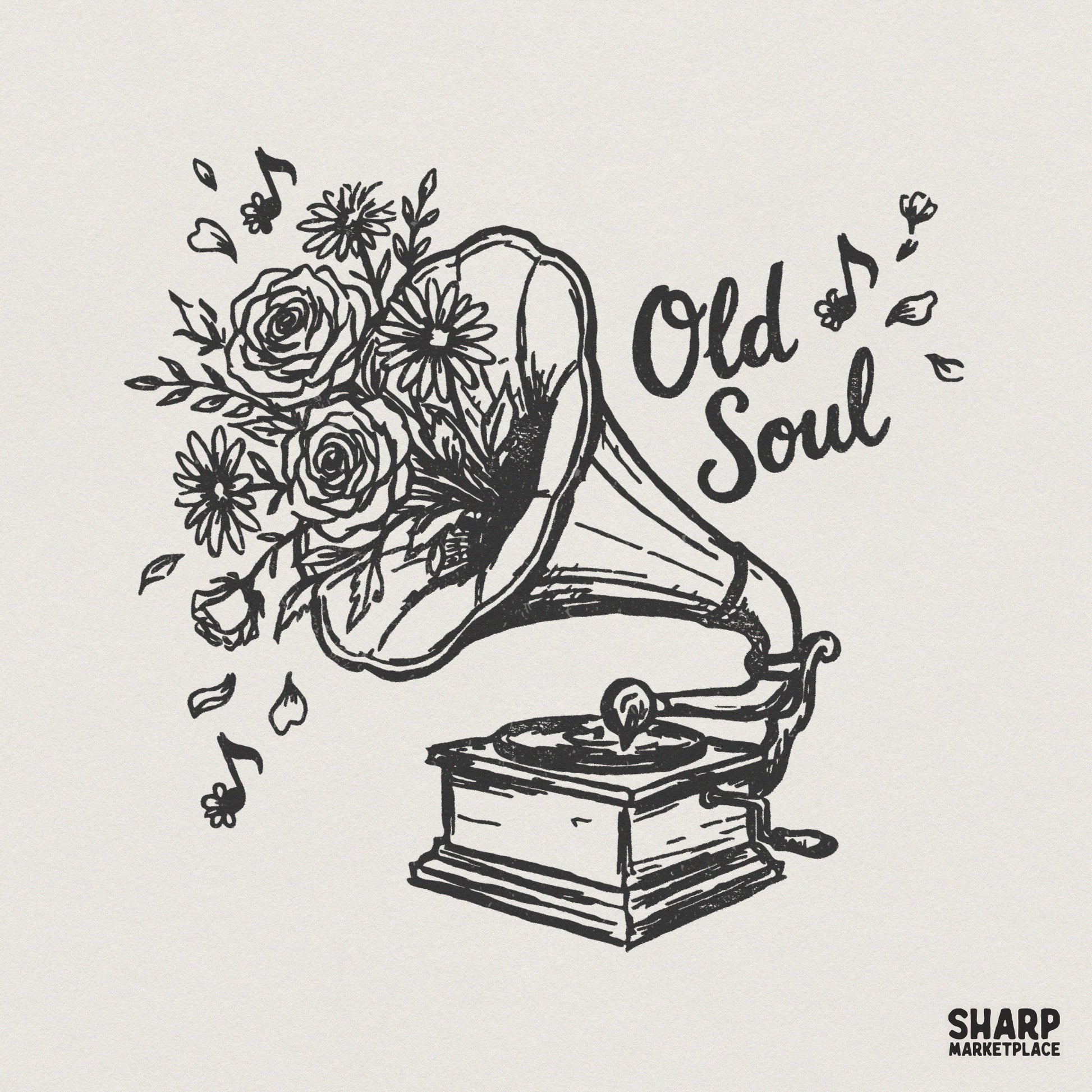Black and white hand-drawn illustration of a vintage gramophone with roses and daisies, featuring the text Old Soul and musical notes for DIY projects.