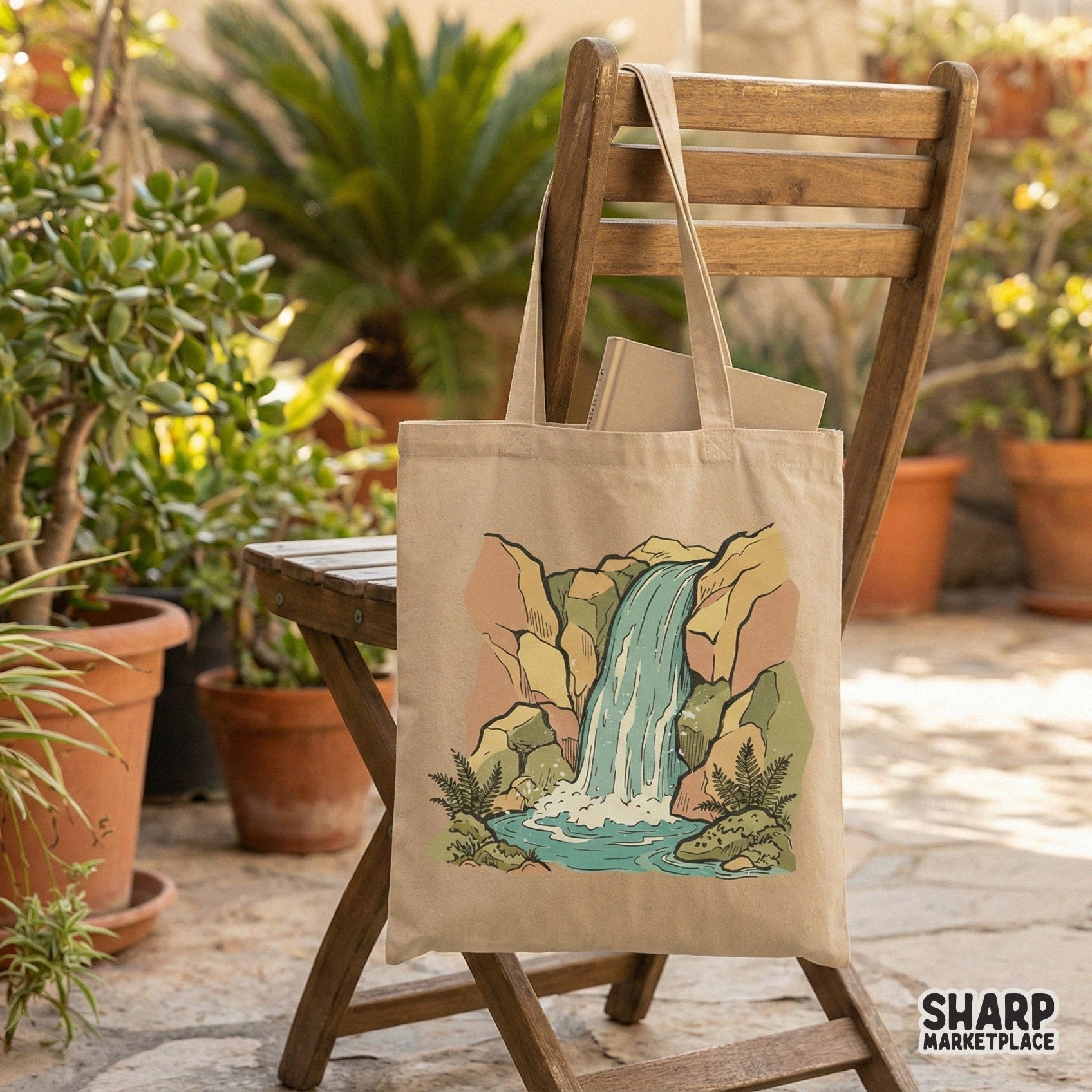 Vintage Waterfall PNG Design, Retro Nature Scene Graphic - 300 DPI Design