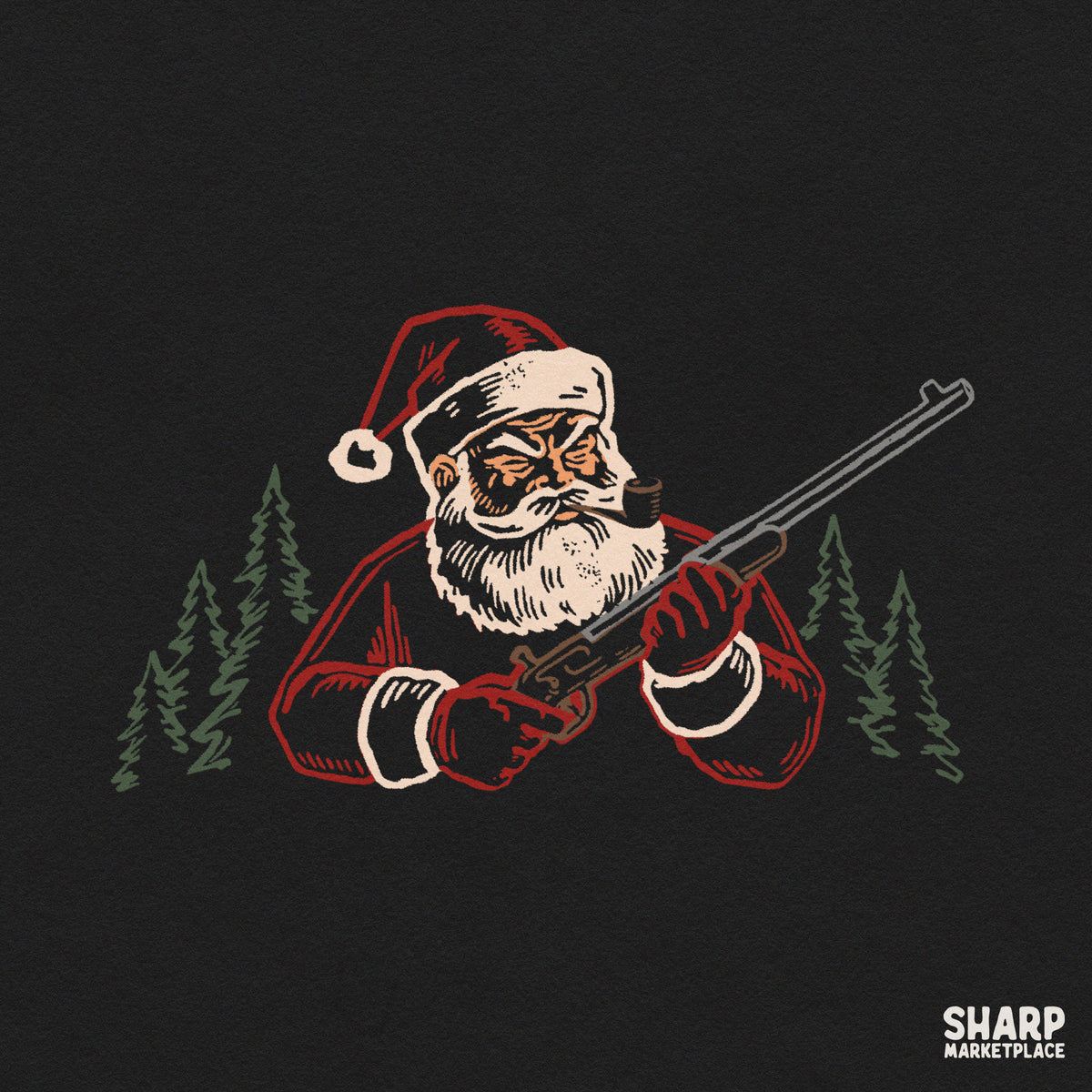 Vintage Santa Claus hunter with shotgun and pipe in retro woodsman style for holiday sublimation t-shirt design
