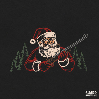 Vintage Santa Claus hunter with shotgun and pipe in retro woodsman style for holiday sublimation t-shirt design