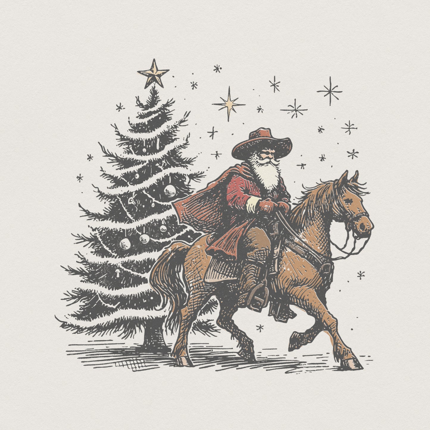 Cowboy Santa PNG Christmas Tree, Western Holiday Art - 300 DPI Design for