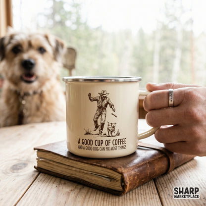 Monochromatic brown illustration of a rancher and his loyal pup, perfect for sublimation printing on coffee mugs or farmhouse kitchen wall art.