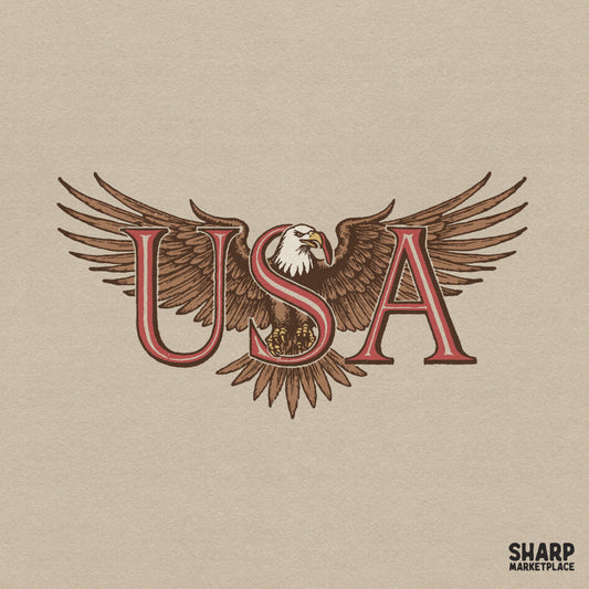 Patriotic bald eagle with American flag sublimation design for vintage Fourth of July t-shirts and retro apparel