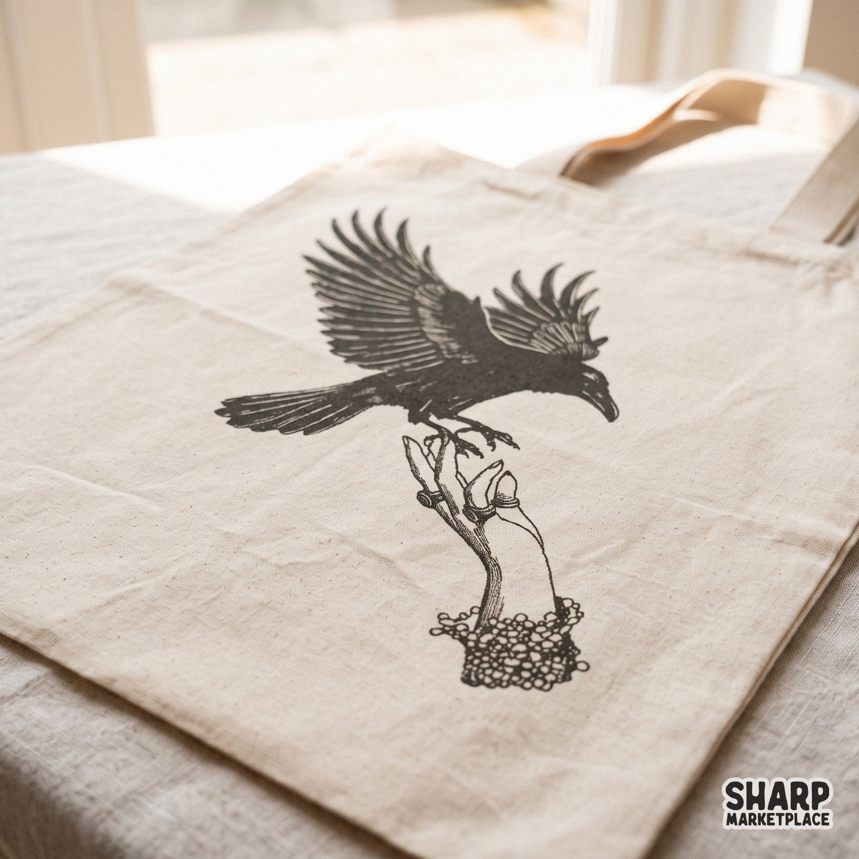 Black raven landing on a creepy jeweled hand spooky halloween design for retro horror t-shirts and gothic autumn stickers