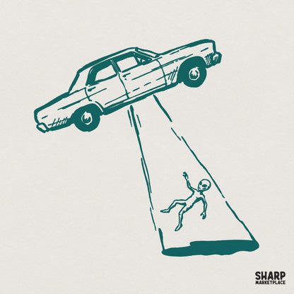 Hand-drawn teal monochromatic design of a vintage sedan being lifted by a UFO tractor beam with a small alien floating below for sci-fi apparel.