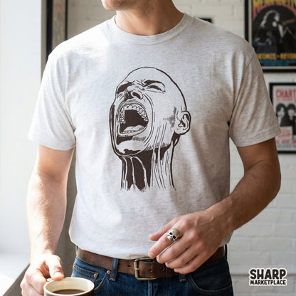 Haunting black ink drawing of a screaming face with visible neck muscles, ideal for creating unique gothic t-shirt designs or dark aesthetic posters.