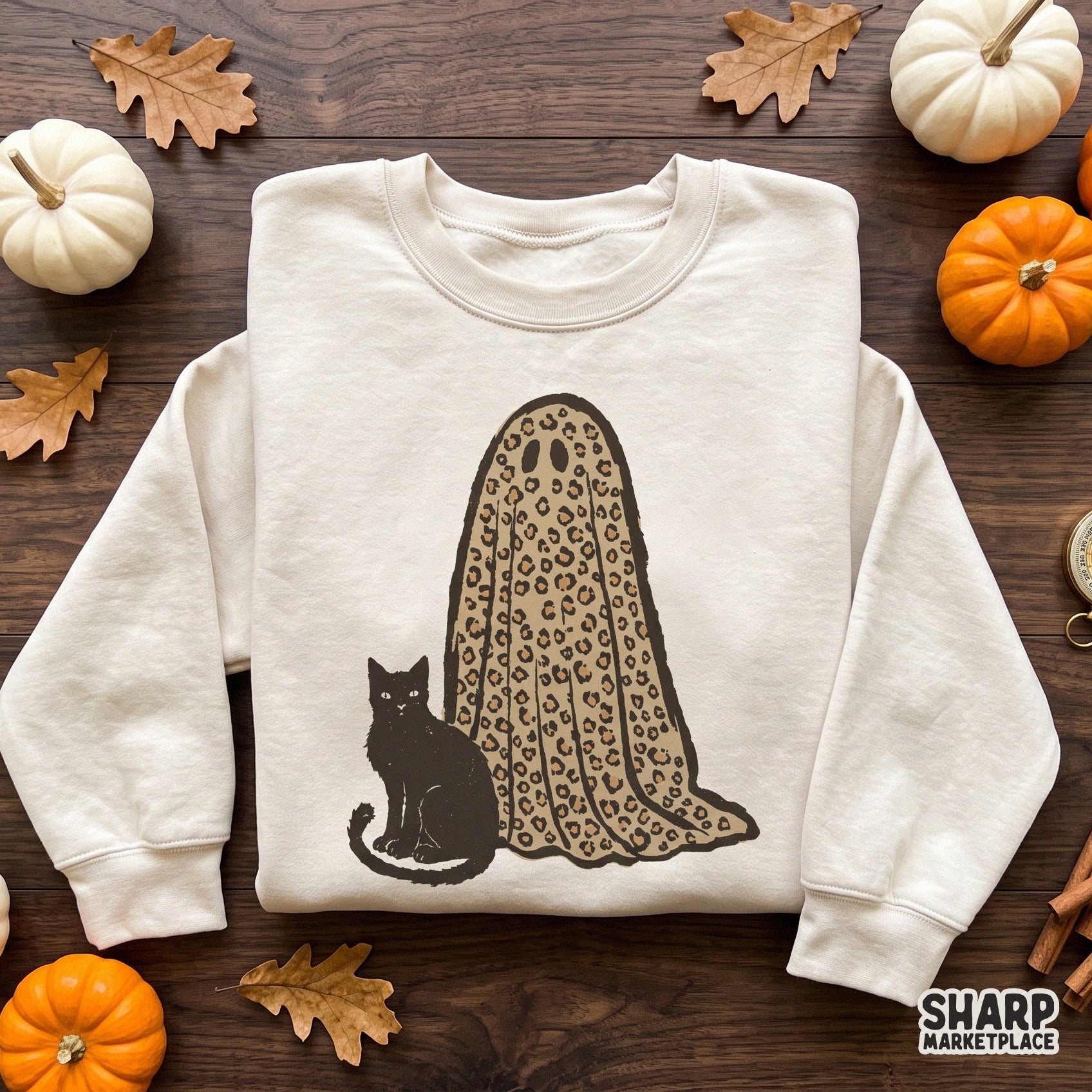 Cute leopard print ghost with a black cat retro spooky season Halloween png design for sublimation and t-shirts