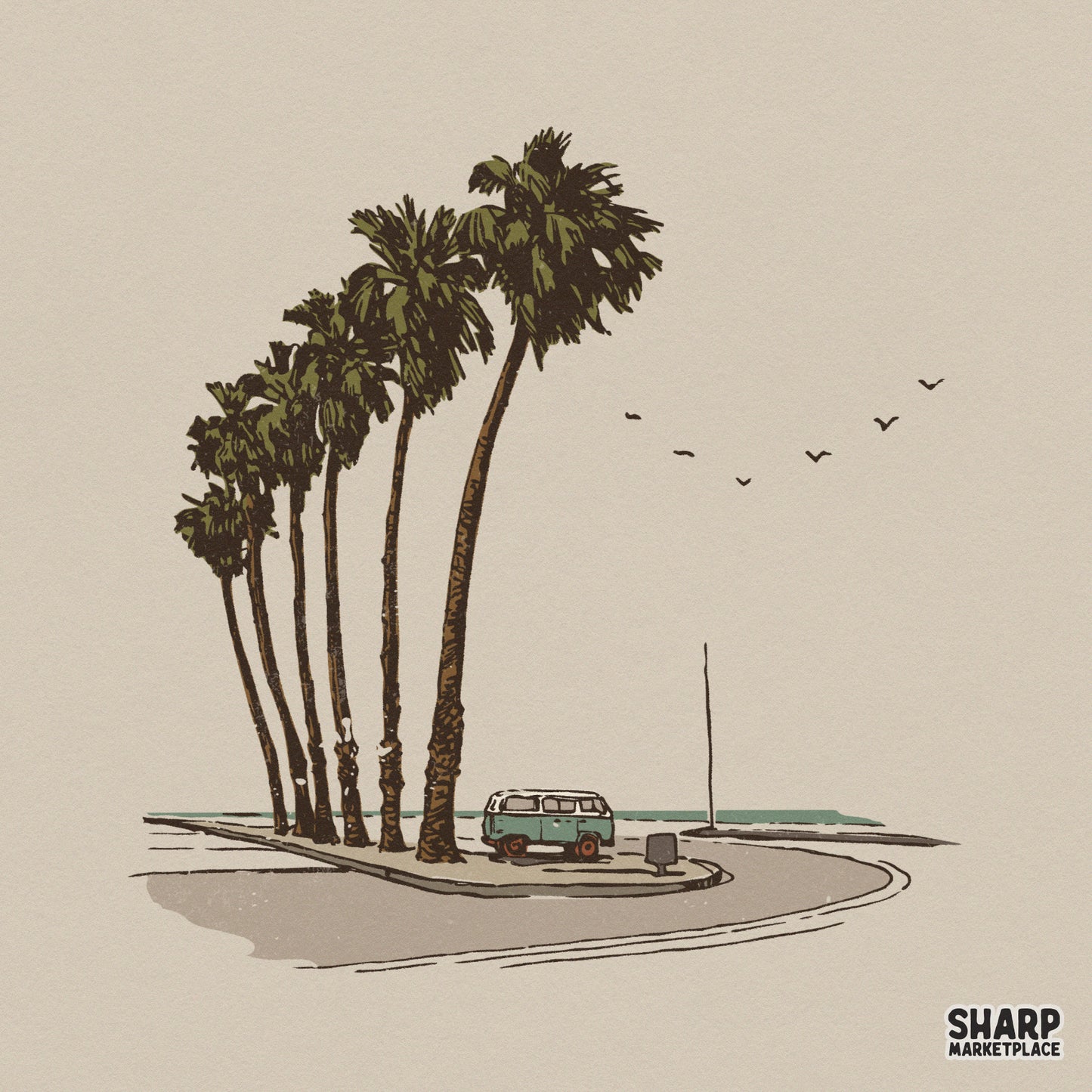 Retro coastal scene with a teal camper van parked under tall palm trees, featuring a muted earthy color palette for summer apparel sublimation.