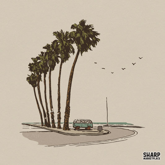 Retro coastal scene with a teal camper van parked under tall palm trees, featuring a muted earthy color palette for summer apparel sublimation.