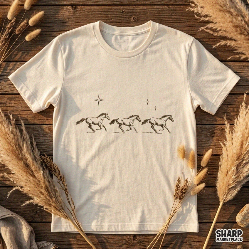 Three wild mustangs running under a starry desert sky in vintage western style perfect for rodeo sublimation t-shirts