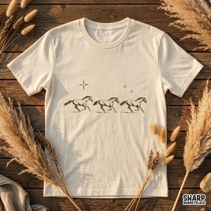 Three wild mustangs running under a starry desert sky in vintage western style perfect for rodeo sublimation t-shirts