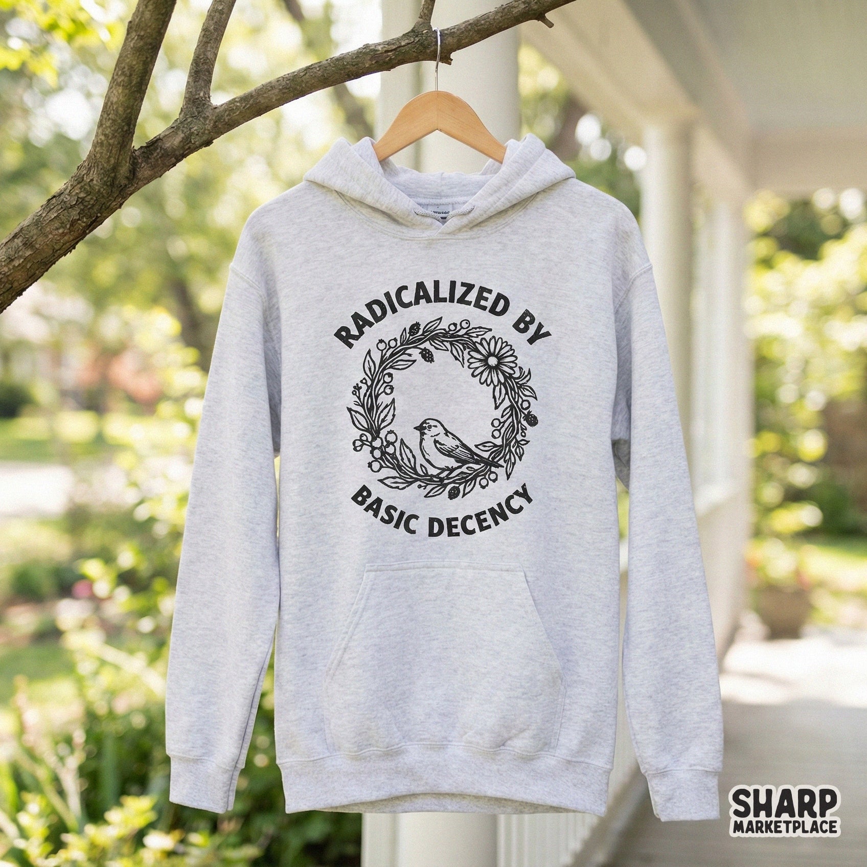 Radicalized By Basic Decency PNG, Hand Drawn Bird Floral Wreath Design -