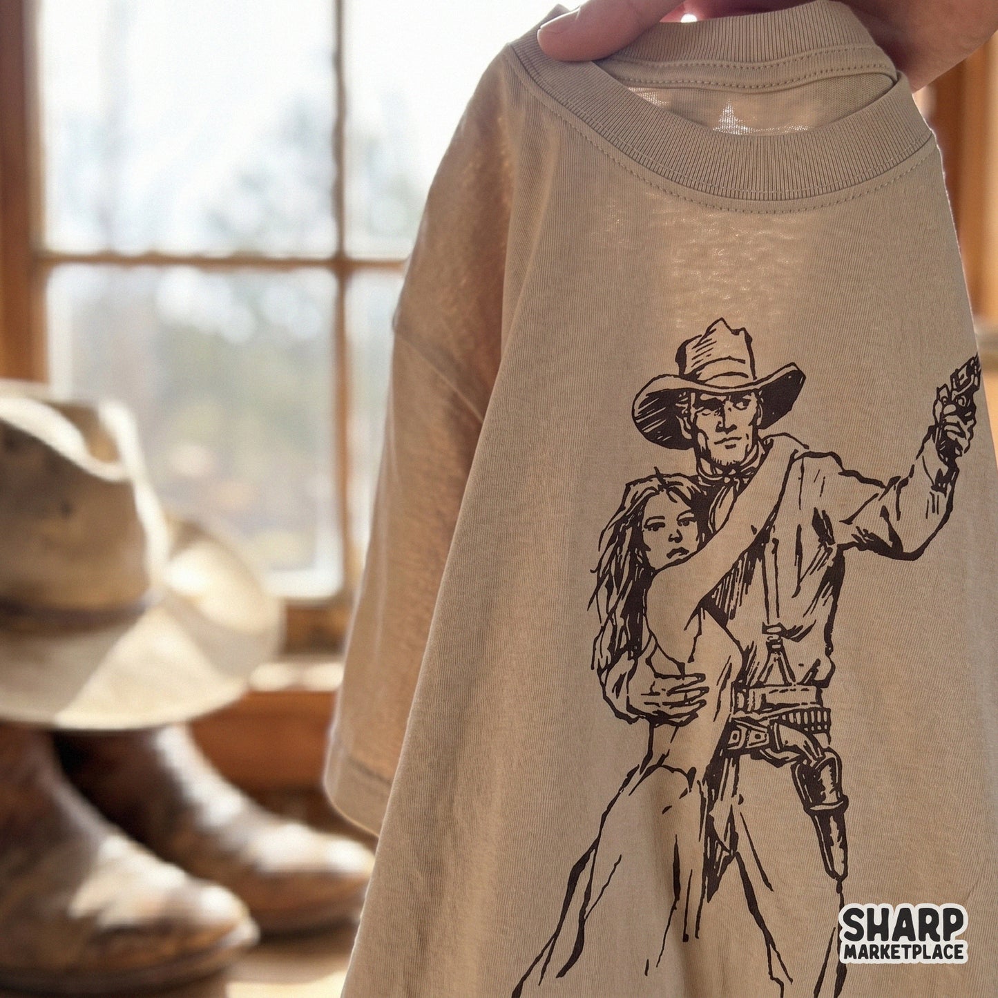 Retro frontier romance digital art featuring a rugged cowboy and woman in a classic line-art style, ideal for western-themed apparel and craft projects.