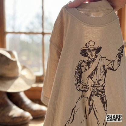 Retro frontier romance digital art featuring a rugged cowboy and woman in a classic line-art style, ideal for western-themed apparel and craft projects.