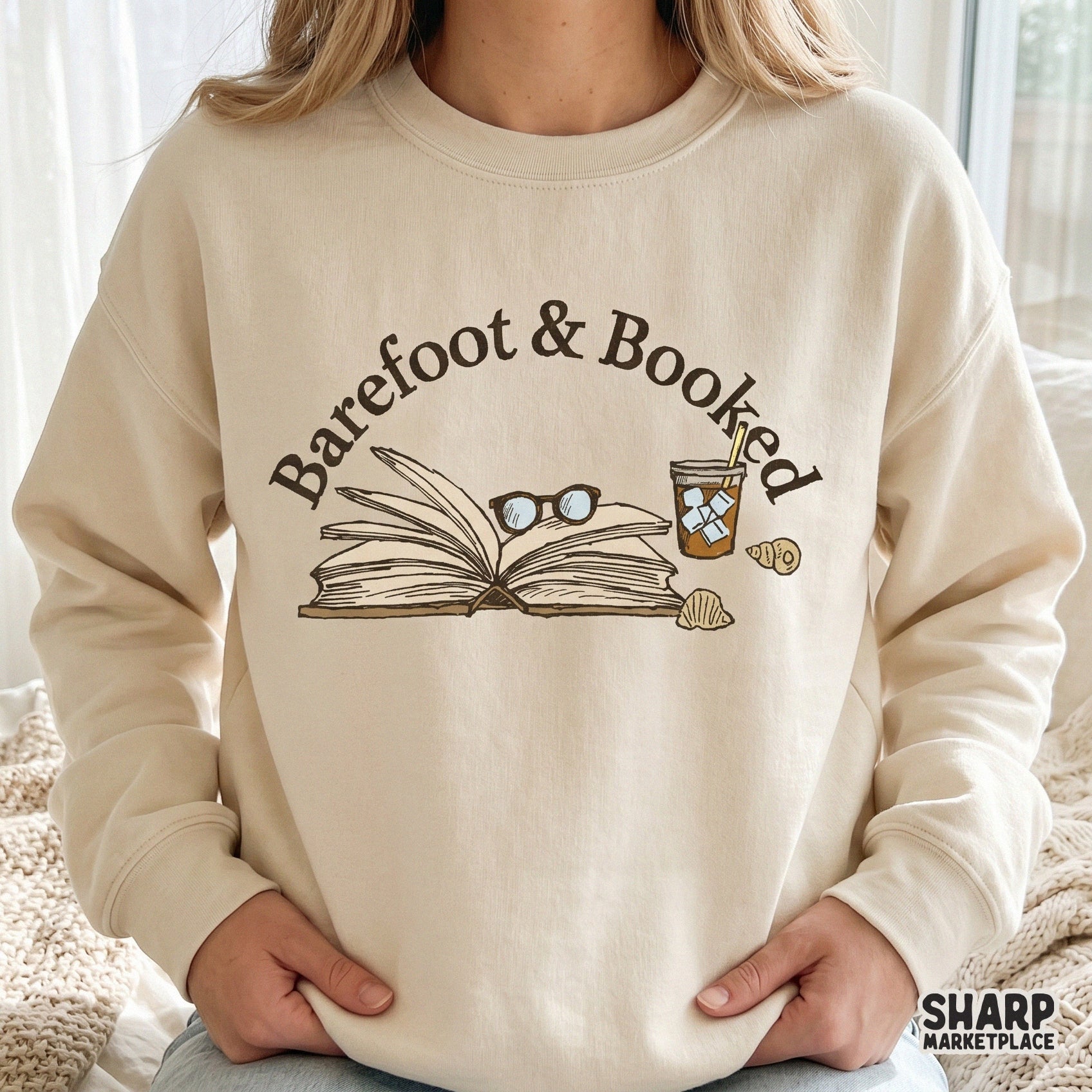 Funny Barefoot and Booked summer beach PNG for coffee lovers and book readers perfect for novelist gifts and graphic tees