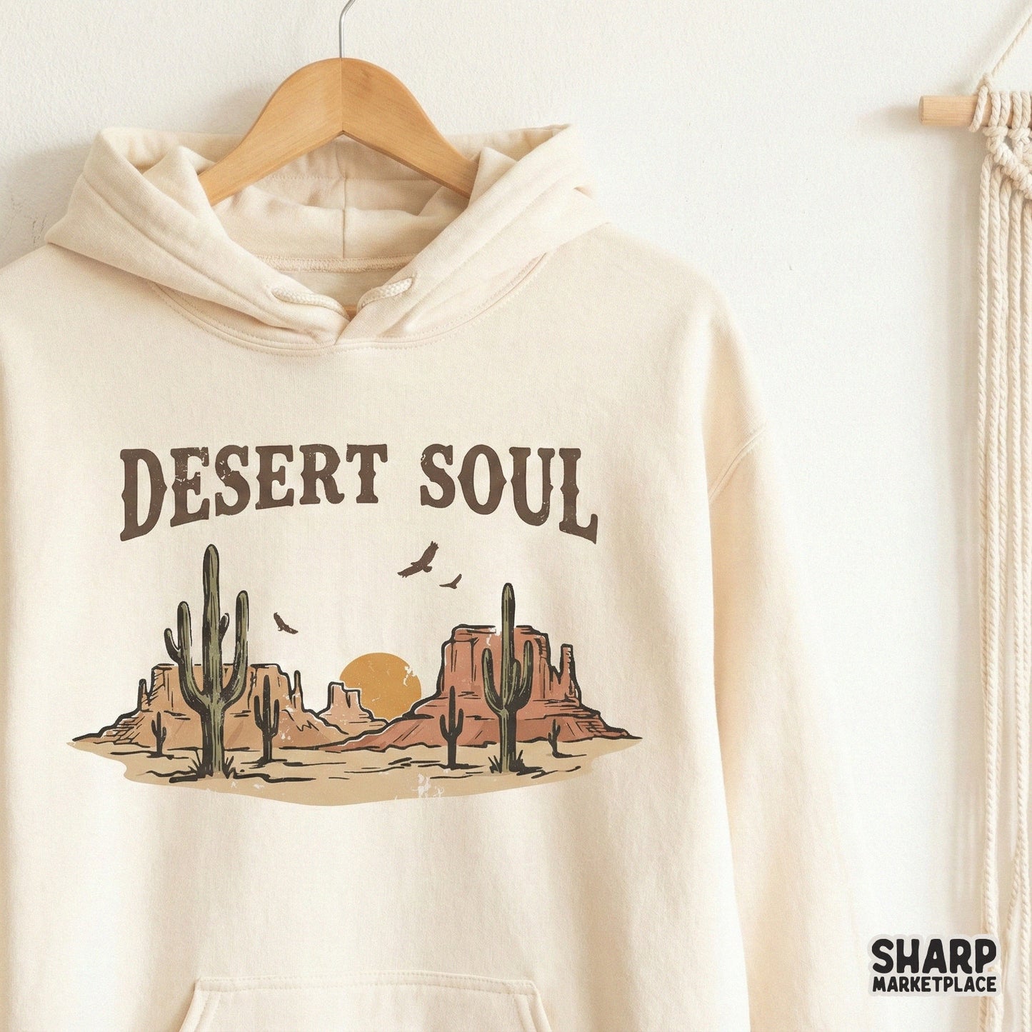 Southwest inspired sublimation design with Desert Soul text, soaring hawks, and a desert scene, perfect for printable shirts or stickers.