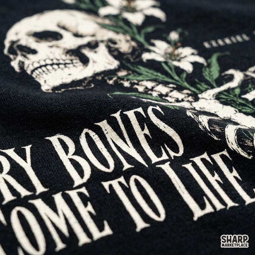 Floral skeleton Christian Bible verse PNG design featuring Ezekiel 37 dry bones faith graphic for shirts