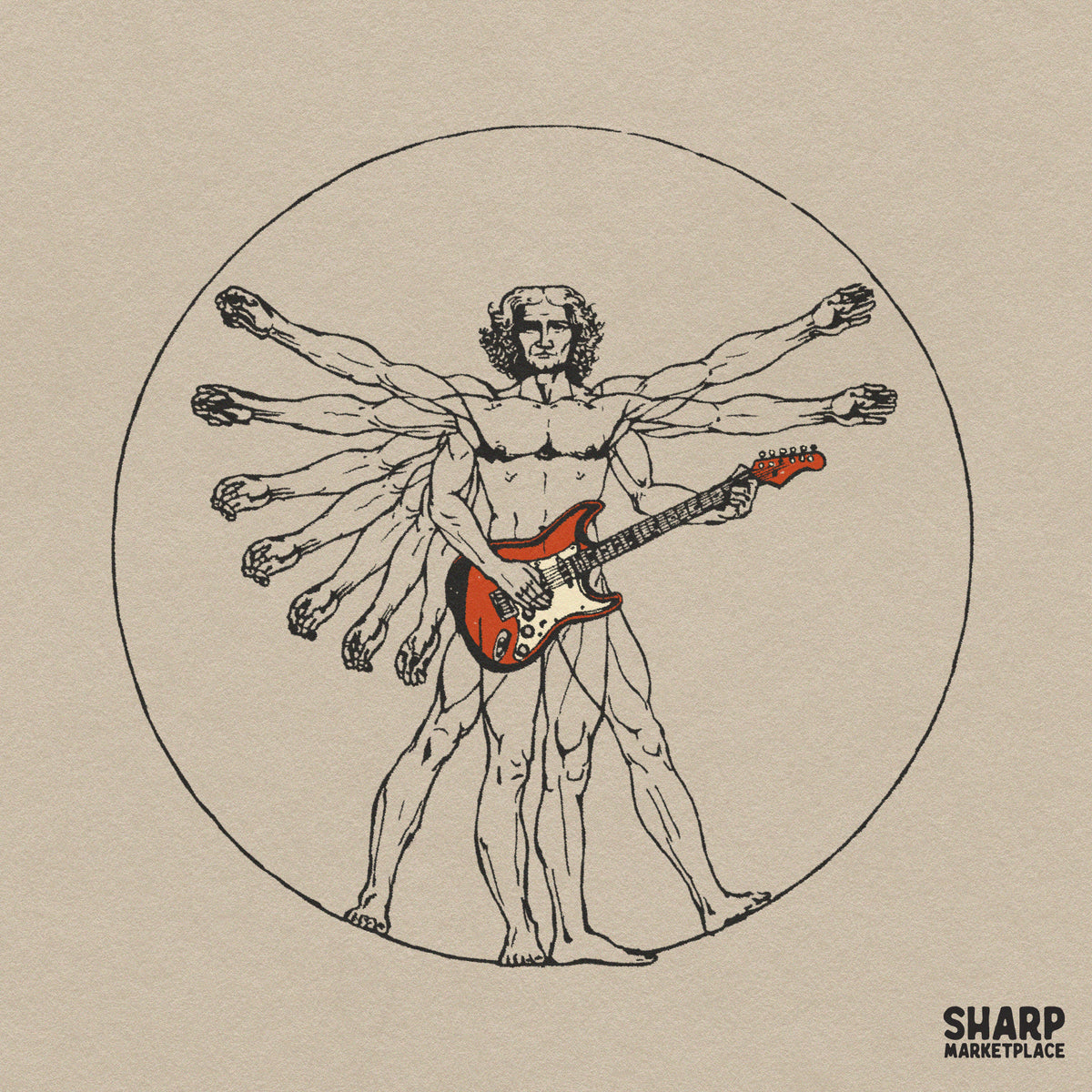 Vintage Vitruvian Guitarist Art, Leonardo Da Vinci Rock