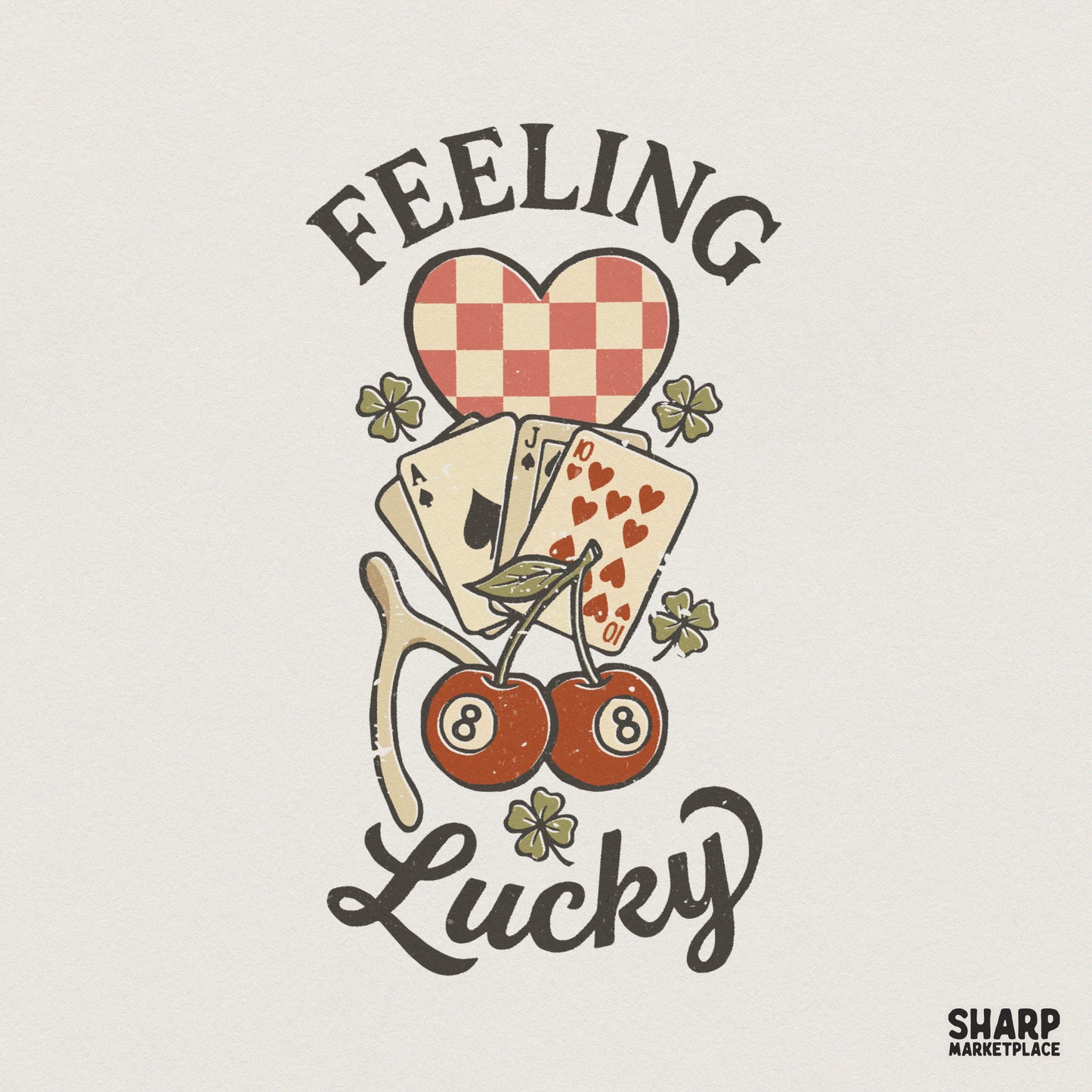 Retro Feeling Lucky sublimation design featuring a checkered heart, playing cards, cherries as 8-balls, and clovers for vintage apparel printing.