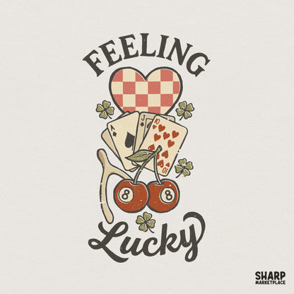 Retro Feeling Lucky sublimation design featuring a checkered heart, playing cards, cherries as 8-balls, and clovers for vintage apparel printing.
