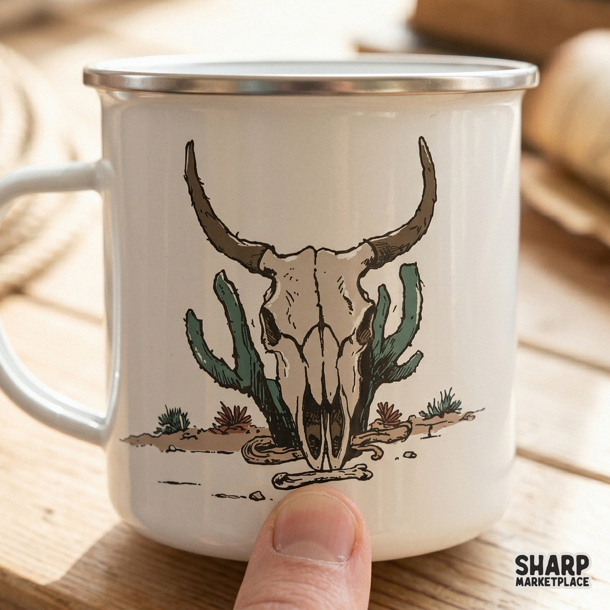 Western longhorn skull and cactus design displayed on a white enamel camping mug, perfect for rustic DIY projects and custom drinkware.