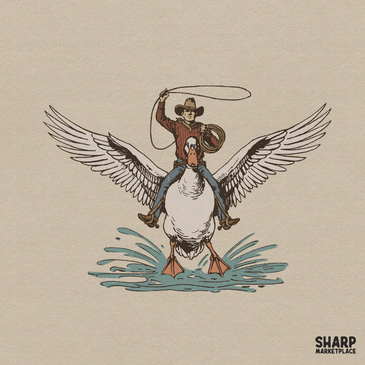 Surreal western cowboy riding a giant flying duck funny animal meme sublimation art print for retro t-shirts