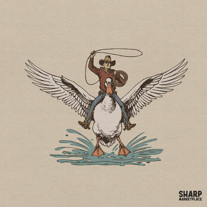 Surreal western cowboy riding a giant flying duck funny animal meme sublimation art print for retro t-shirts