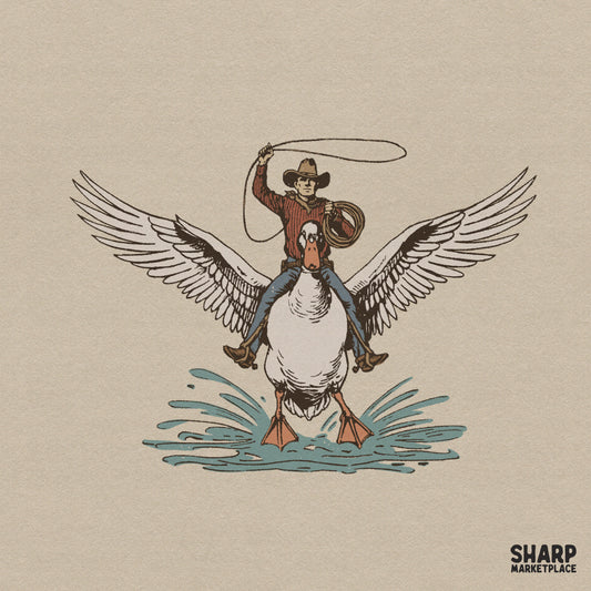 Surreal western cowboy riding a giant flying duck funny animal meme sublimation art print for retro t-shirts