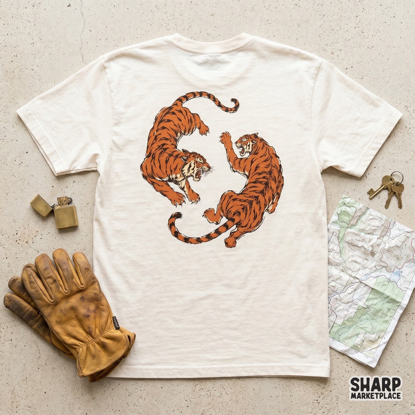 Digital sublimation design featuring a pair of aggressive tigers in a circular yin yang layout with distressed textures for apparel and stickers.
