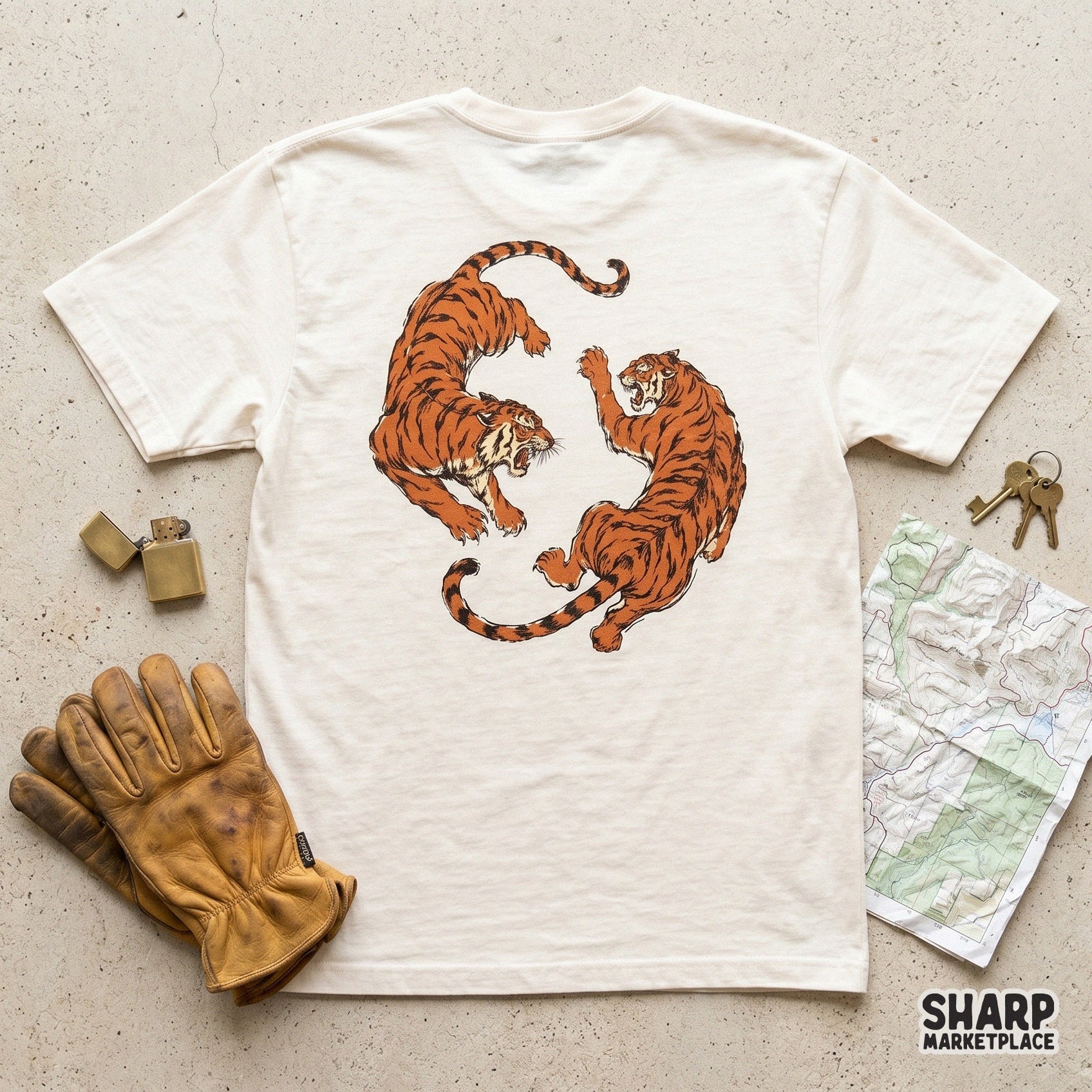 Digital sublimation design featuring a pair of aggressive tigers in a circular yin yang layout with distressed textures for apparel and stickers.