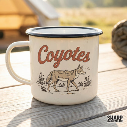 Detailed desert wildlife sketch with a walking coyote and retro orange lettering, perfect for custom t-shirt prints and stickers.