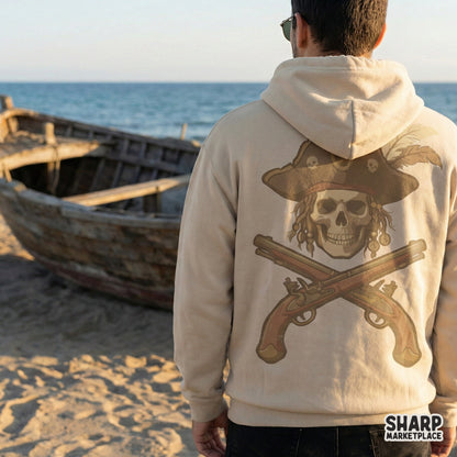 Pirate Skull PNG, Vintage Pistol Crossbones Digital Art - 300 DPI Design