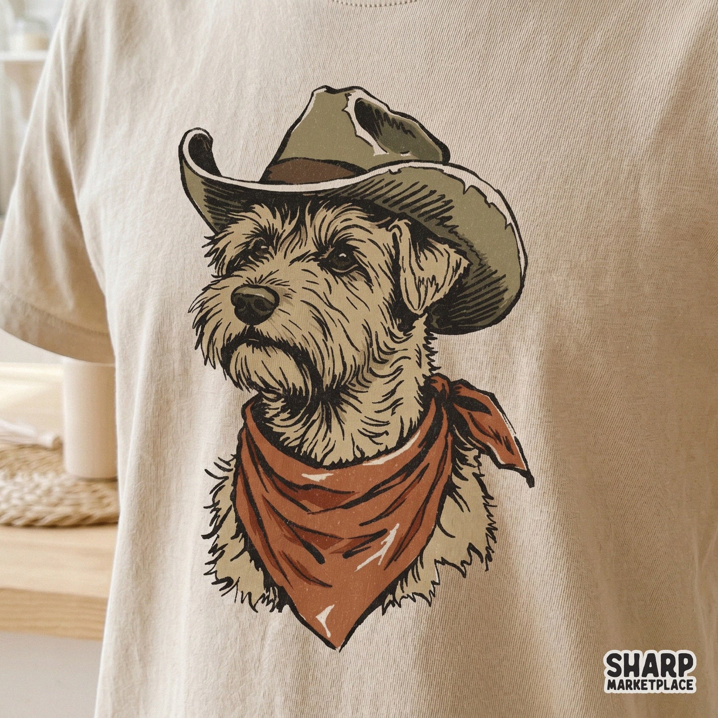 Retro-style portrait of a scruffy pup in western gear, designed as a high-resolution PNG for funny pet stickers, tumblers, and DIY craft projects.