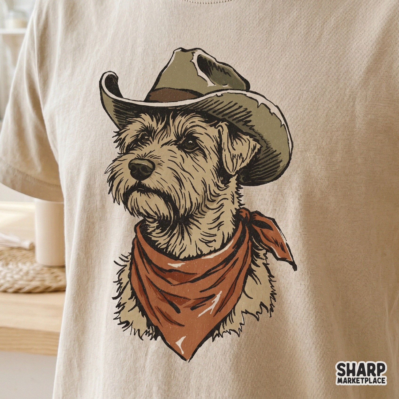 Retro-style portrait of a scruffy pup in western gear, designed as a high-resolution PNG for funny pet stickers, tumblers, and DIY craft projects.
