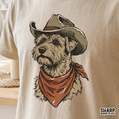 Retro-style portrait of a scruffy pup in western gear, designed as a high-resolution PNG for funny pet stickers, tumblers, and DIY craft projects.