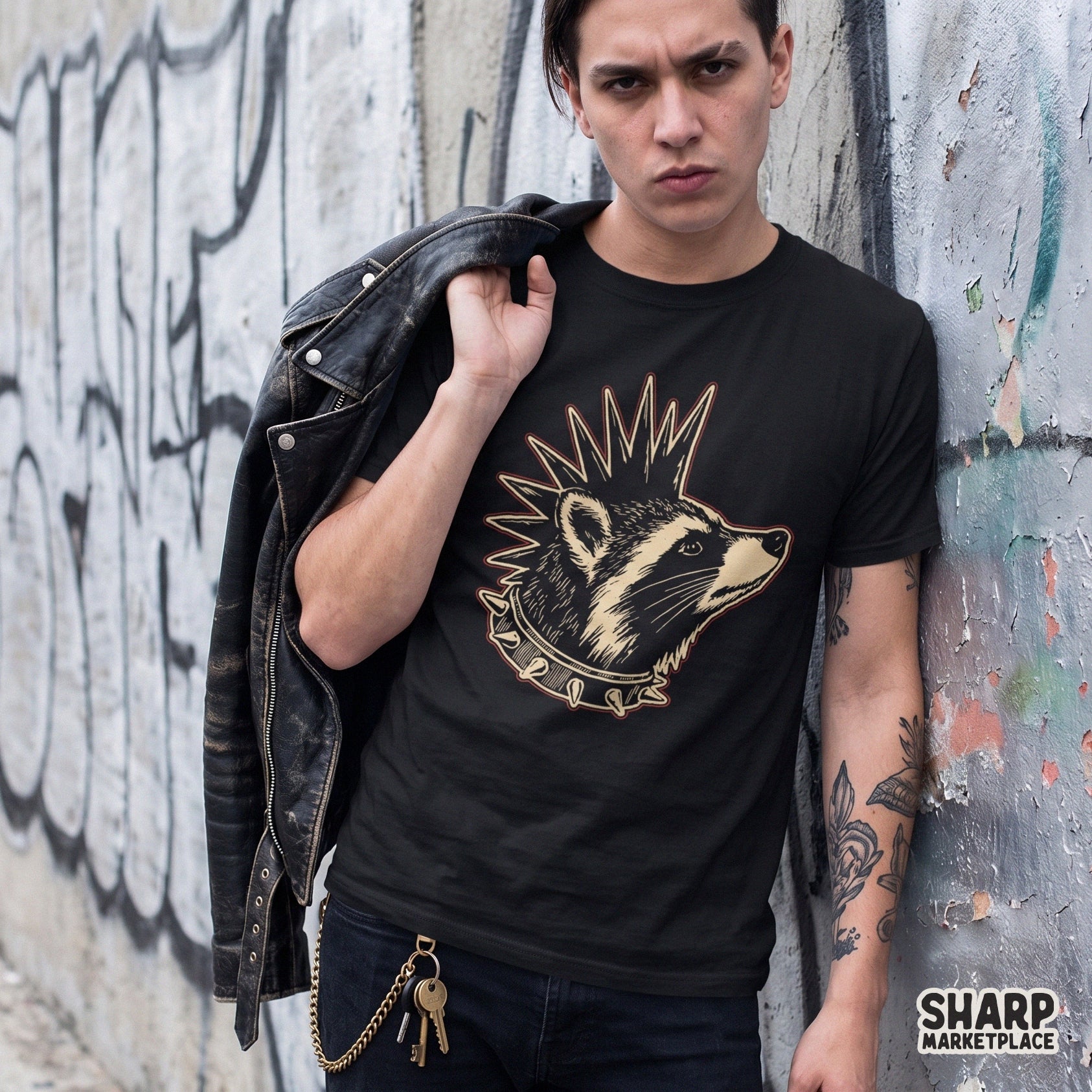 Edgy punk raccoon wearing a mohawk and spiked collar funny animal memes sublimation graphic tee design