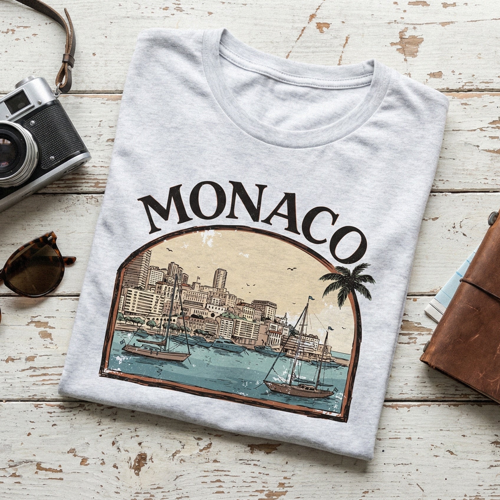 Monaco PNG Vintage Travel Shirt, Retro Monaco Skyline T-Shirt - 300 DPI