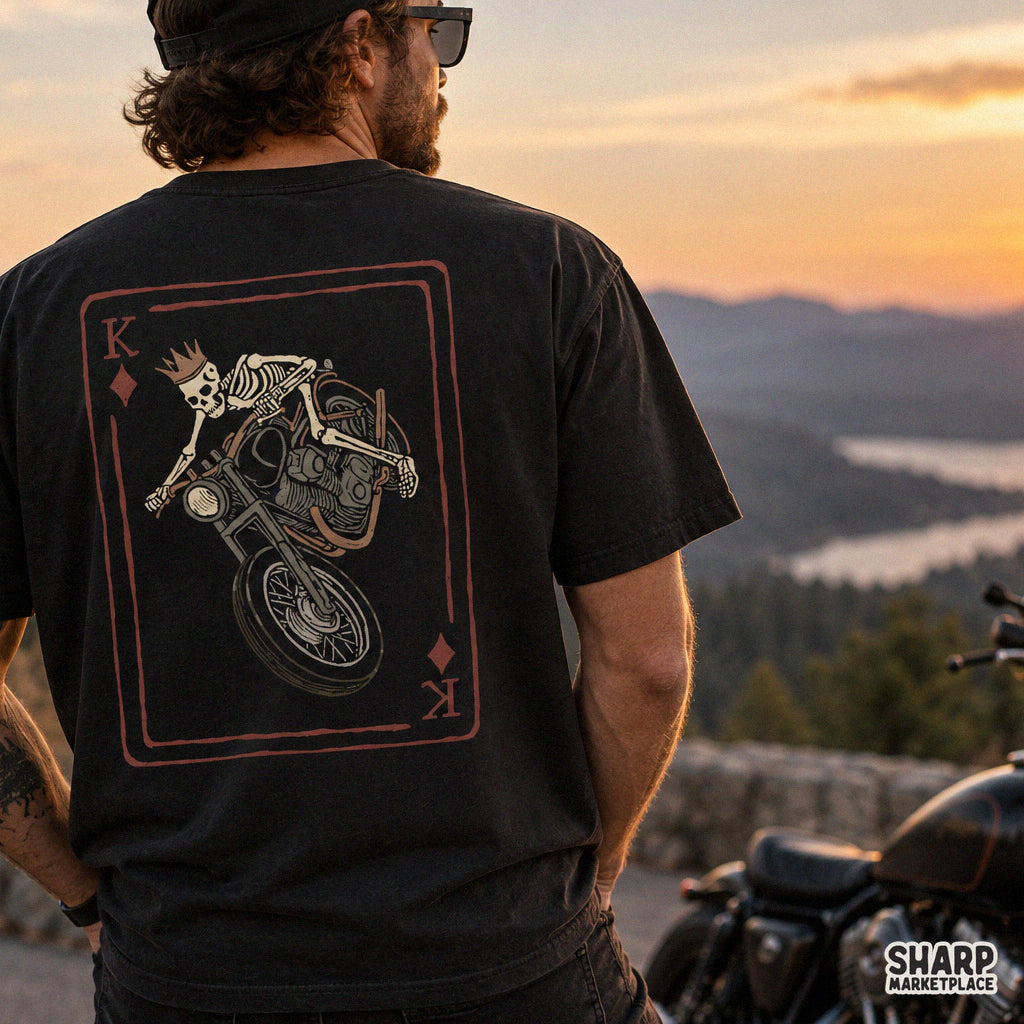 Retro king of diamonds skeleton biker riding motorcycle graphic design perfect for trendy Halloween shirt sublimation