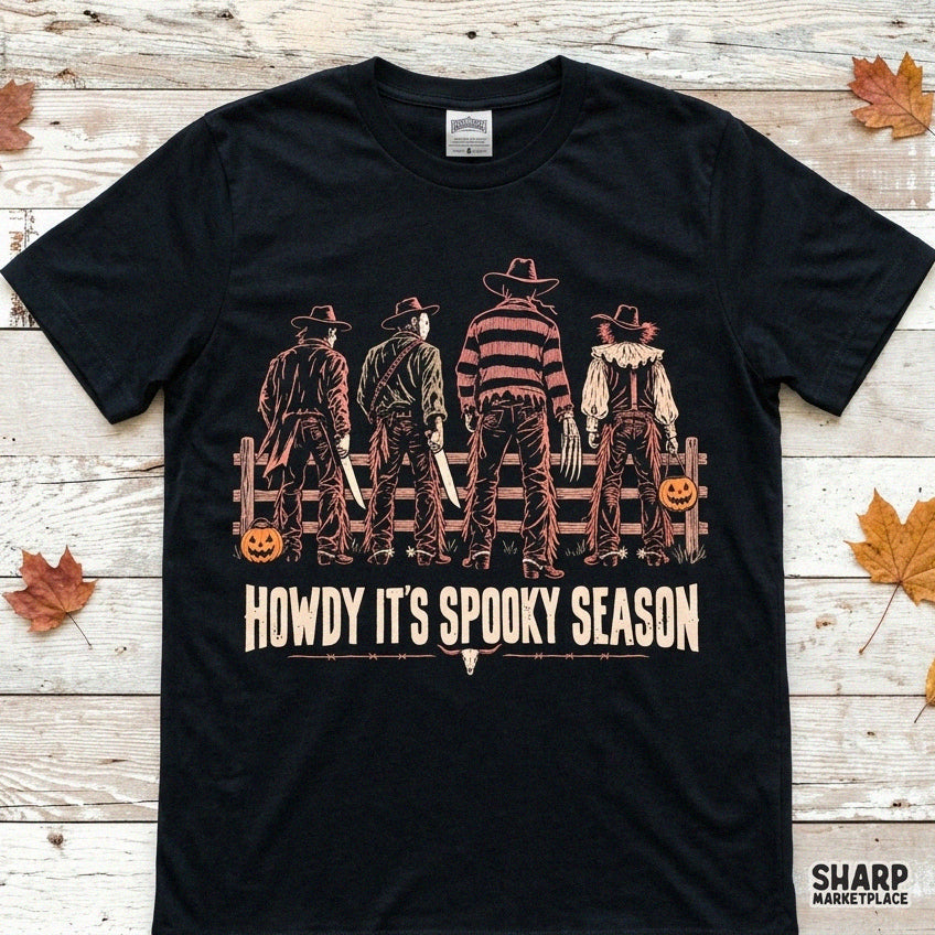 Howdy spooky season halloween png featuring western horror killers and fall pumpkins for cowboy t-shirts